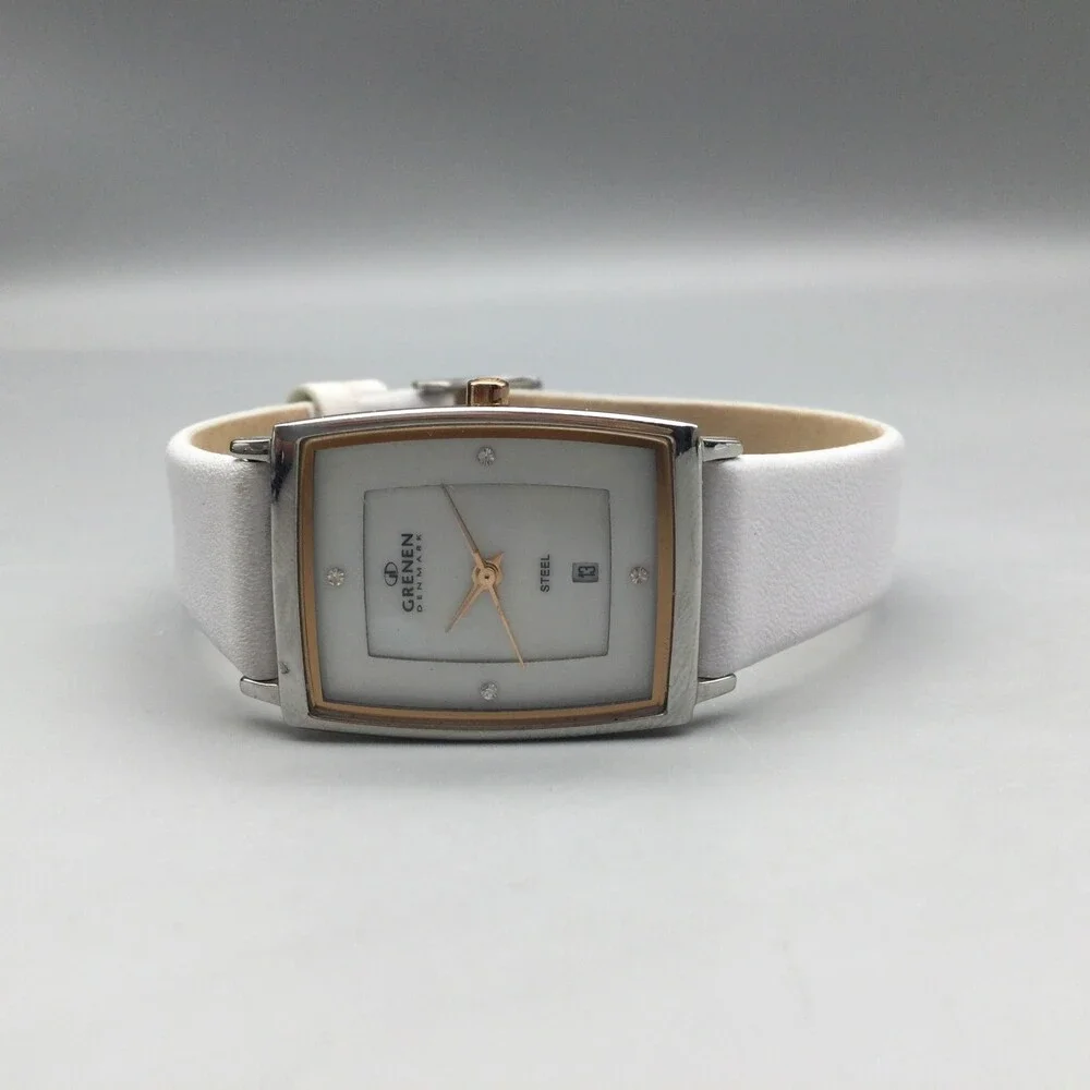 Grenen Denmark Watch Women 23mm Steel Case White Leather Strap Date New Battery